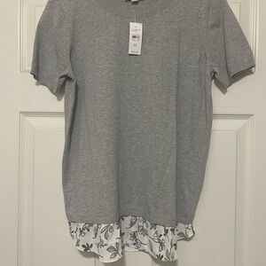 LOFT Heather Gray Short Sleeve light sweater with Floral Detail